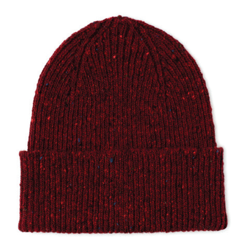 The Campbells of Beauly Donegal Lambswool Hat is a deep red knitted beanie with a folded cuff, crafted from speckled Donegal yarns. Ribbed with black and light red flecks for texture, its shown on a plain white background.