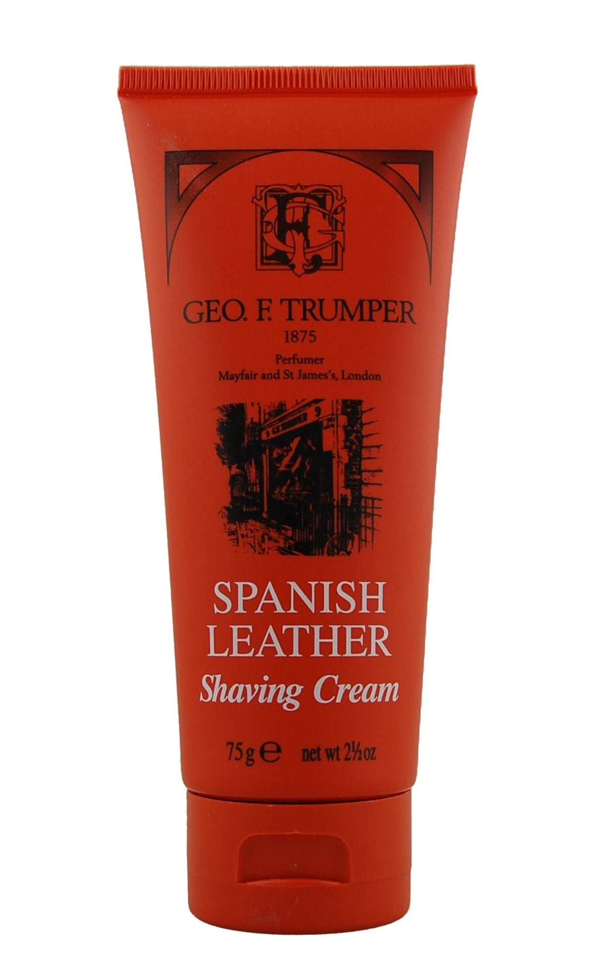 A 75g tube of Geo. F. Trumper Spanish Leather Soft Shaving Cream features a red design with gold and black text and decorative details—this luxurious, glycerine-based shaving cream is perfect for sensitive skin.