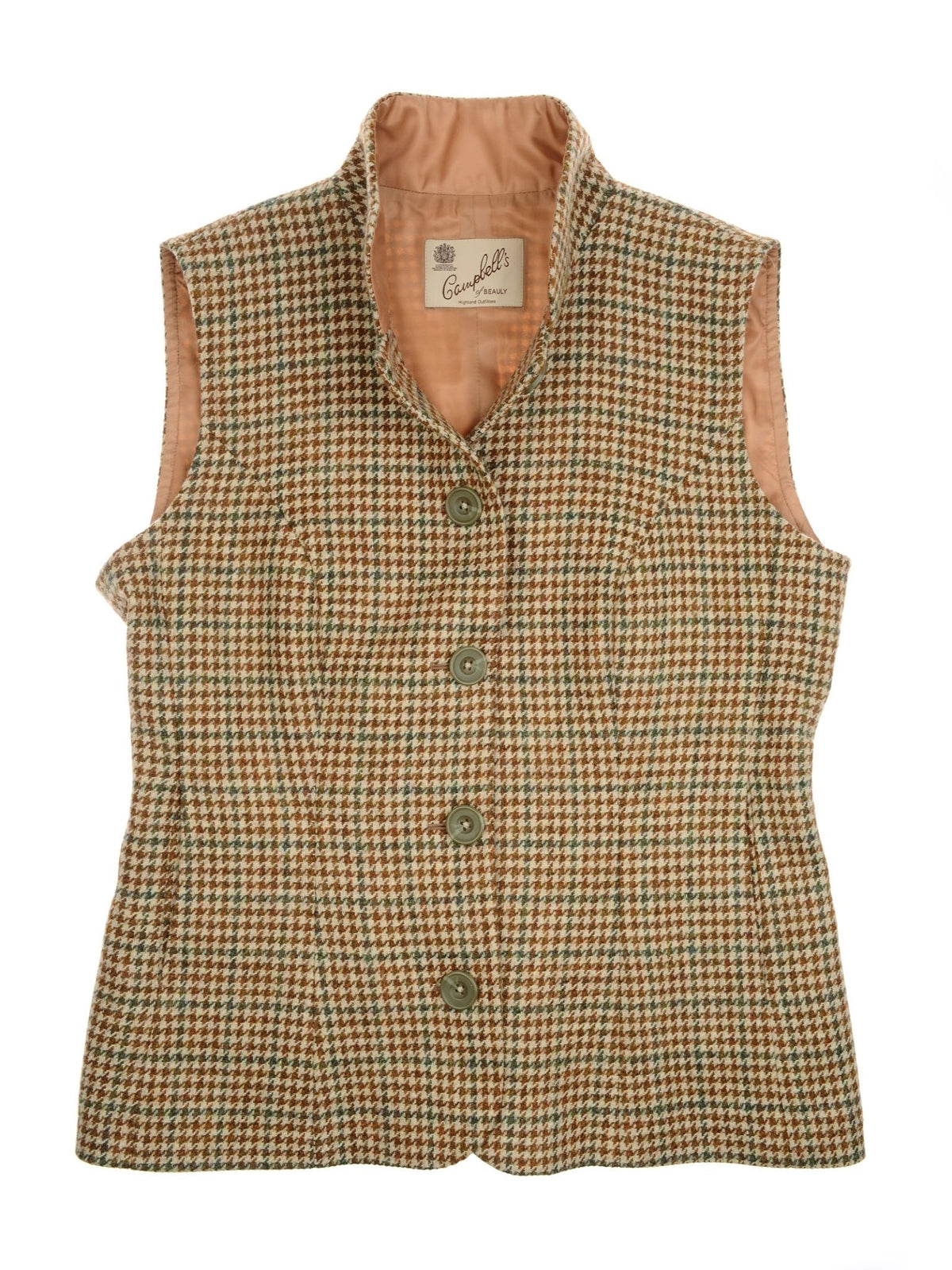 The Campbell’s of Beauly Tweed Nehru is a sleeveless vest featuring a brown, tan, and green houndstooth pattern, four front buttons, and a tan lining. Crafted in traditional country style with quality tailoring reminiscent of a British lambswool tweed gilet, it also includes a visible label inside the collar.