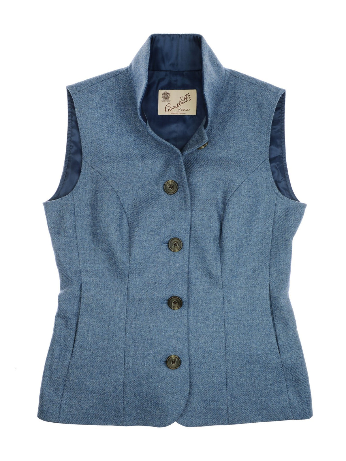 A sleeveless periwinkle Tweed Nehru vest by Campbell’s of Beauly, featuring a high collar, four buttons down the front, and a dark blue satin lining. Expertly tailored in the classic country-style gilet tradition, it showcases exceptional craftsmanship with the Campbell’s of Beauly brand label visible inside the collar.