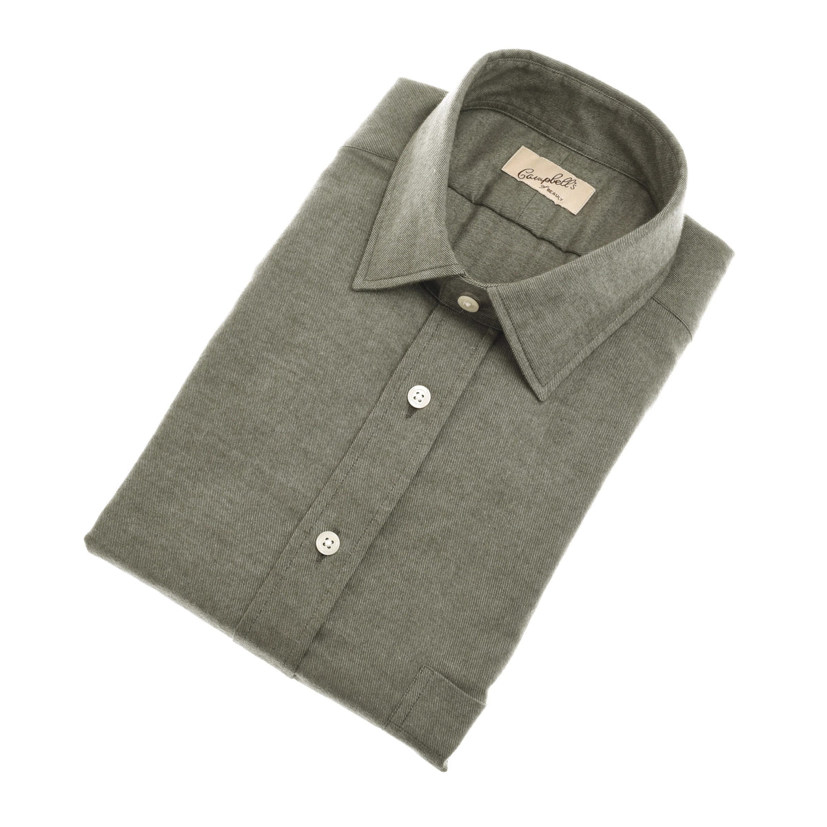 A folded olive green Campbell’s of Beauly Twill Shirt made from brushed cotton, featuring a collar, white buttons, and a visible clothing label, is displayed on a plain white background.