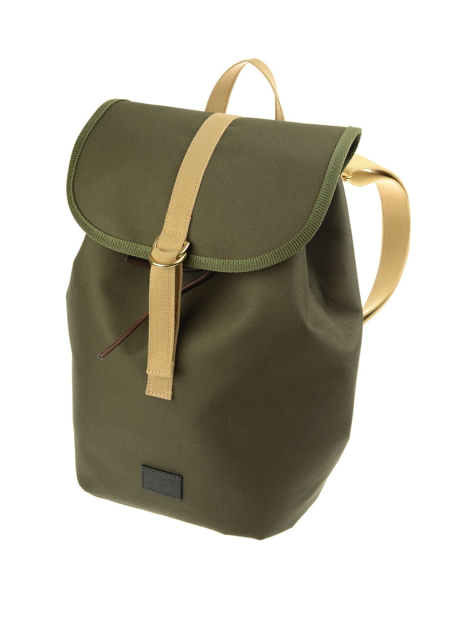 The Campbell’s of Beauly Utility Rucksack is a green canvas backpack featuring tan, military-grade straps and a front flap closure. Shown against a white background, this durable rucksack blends practical design with timeless style.