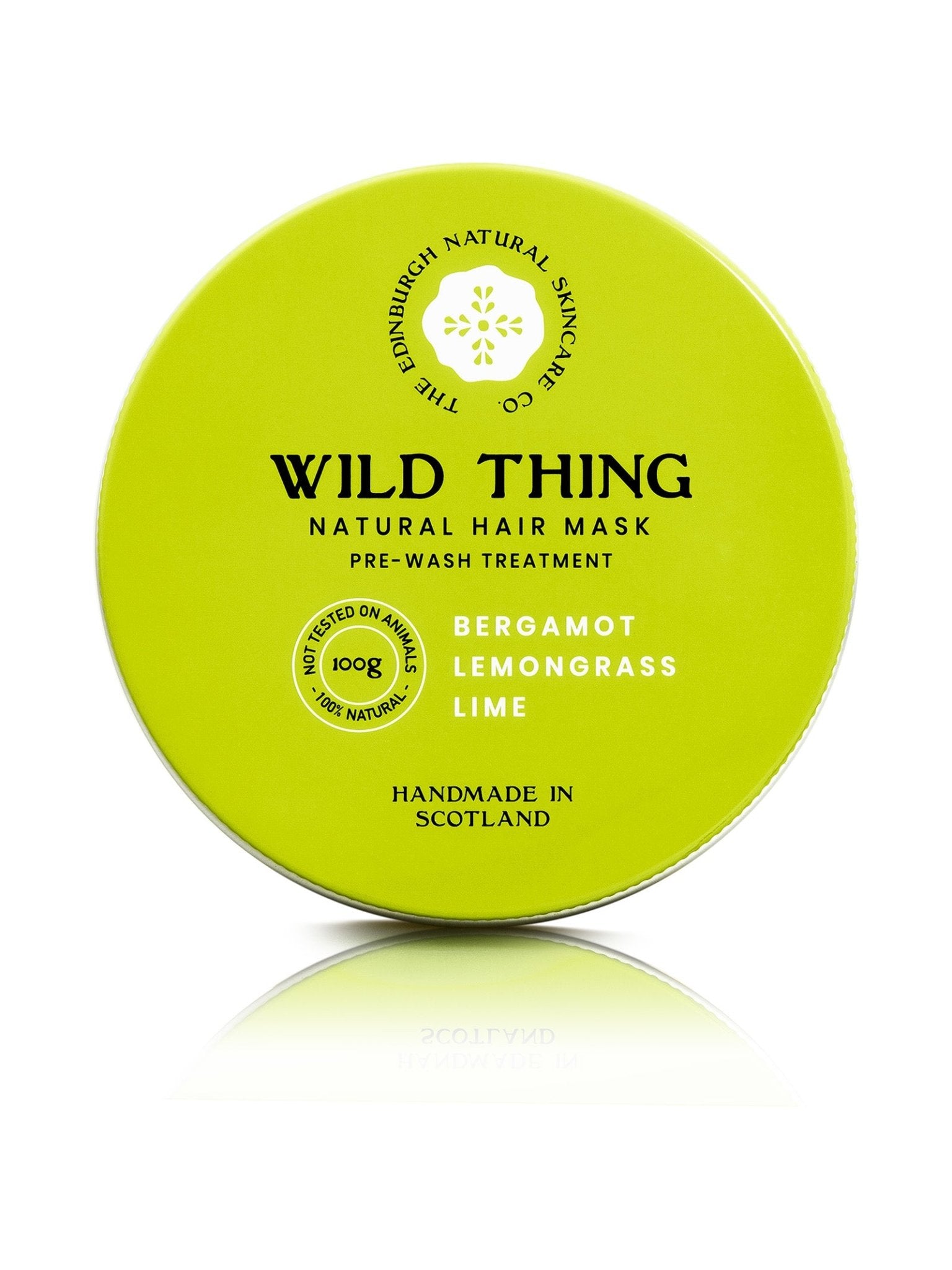 A round, bright green 100g container of Campbell's of Beauly Wild Thing Natural Hair Conditioner with bergamot, lemongrass, and lime. This handmade in Scotland conditioner is ideal for damaged hair.