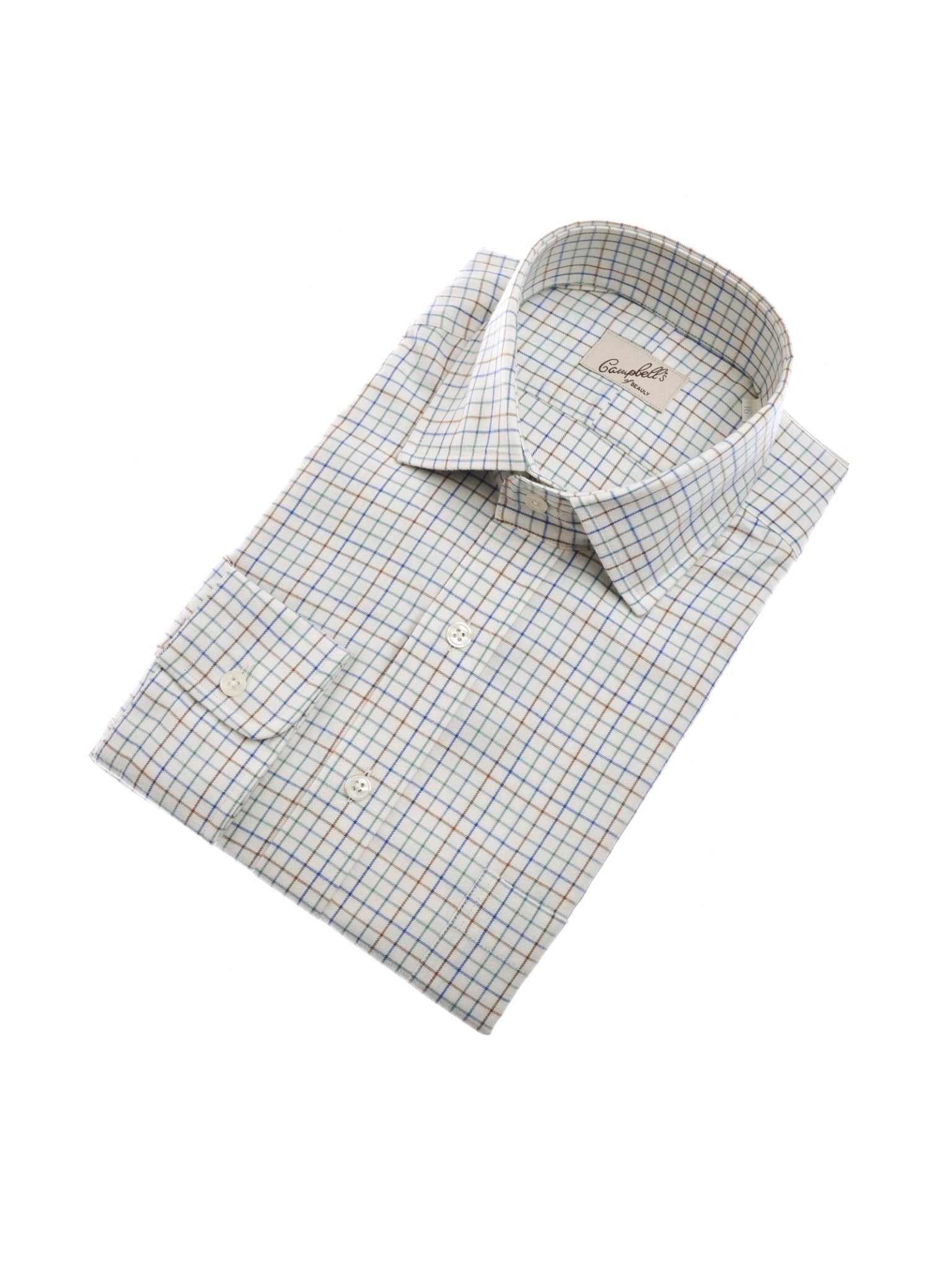 The Campbell's of Beauly Windowpane Shirt is a long-sleeve brushed cotton shirt featuring a blue, yellow, and white plaid pattern, front pocket, and white buttons, neatly folded and displayed on a white background.
