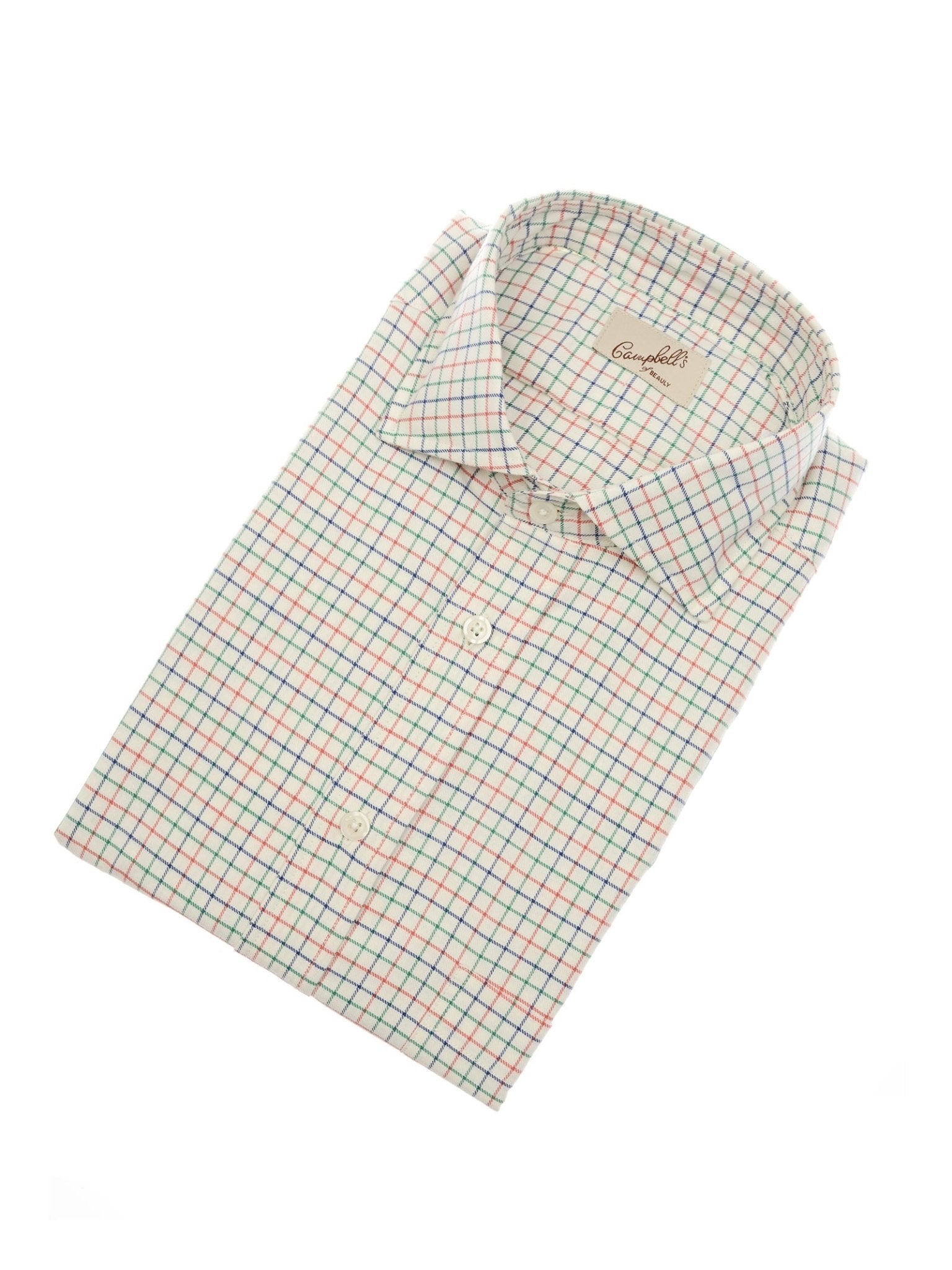 A neatly folded Campbell’s of Beauly Windowpane Shirt, featuring long sleeves and a button-up front, showcases a white base adorned with a vibrant plaid pattern of red, blue, and green lines, displayed against a clean white background.