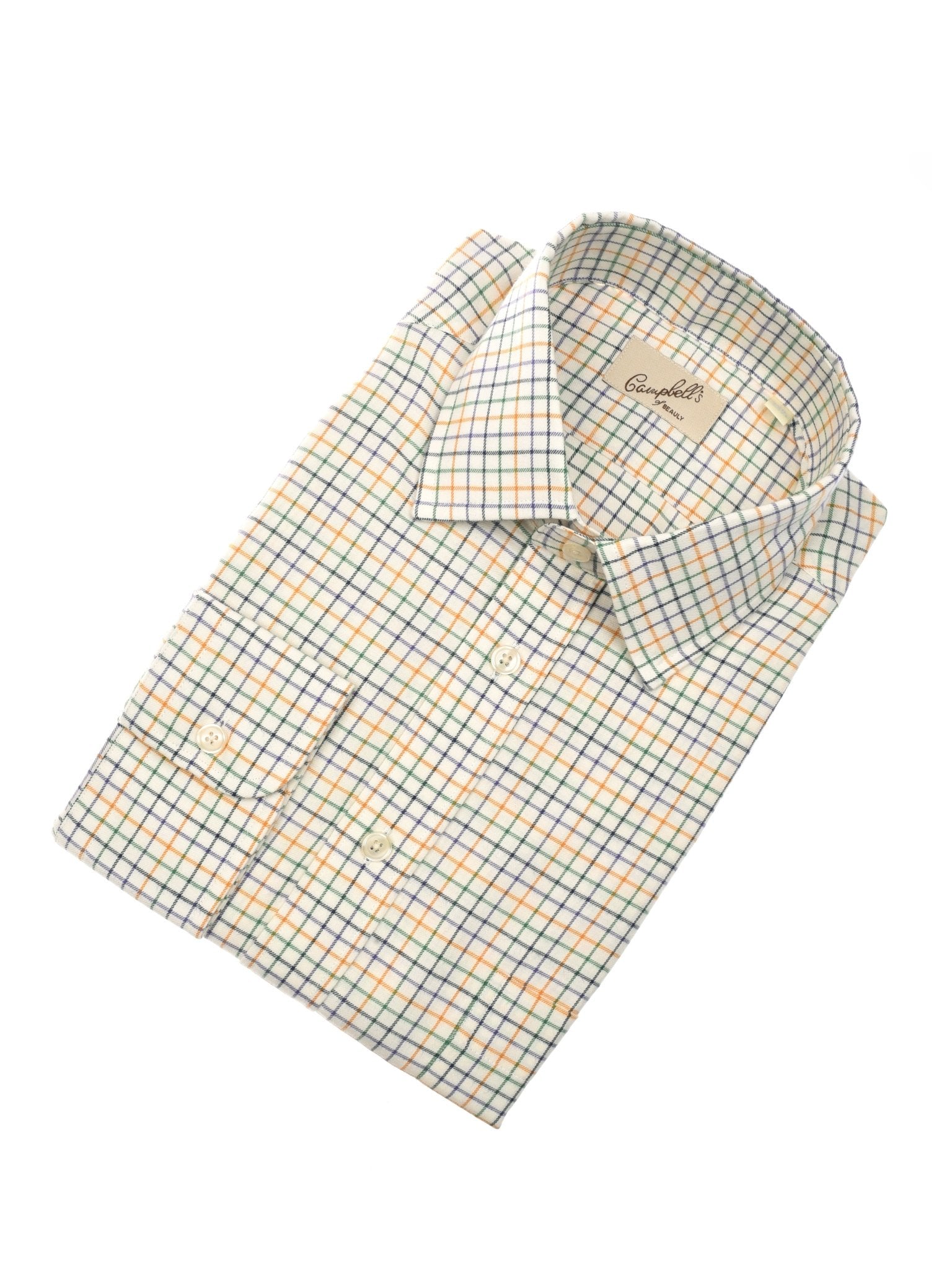 The Windowpane Shirt by Campbell’s of Beauly is a long-sleeve country shirt crafted from brushed cotton, featuring a blue, orange, and yellow checkered pattern on a cream lovat blue background, with button cuffs and a front pocket.