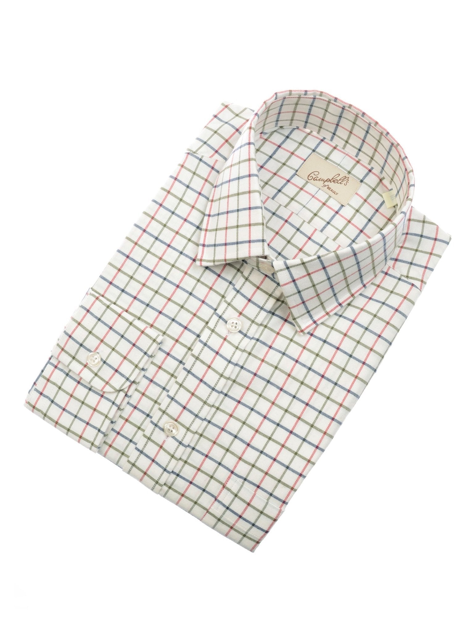 The Campbell's of Beauly Windowpane Shirt features a white base with red, blue, and green grid lines. Made from brushed cotton for comfort, this long-sleeve button-up showcases a structured collar and classic buttoned cuffs.