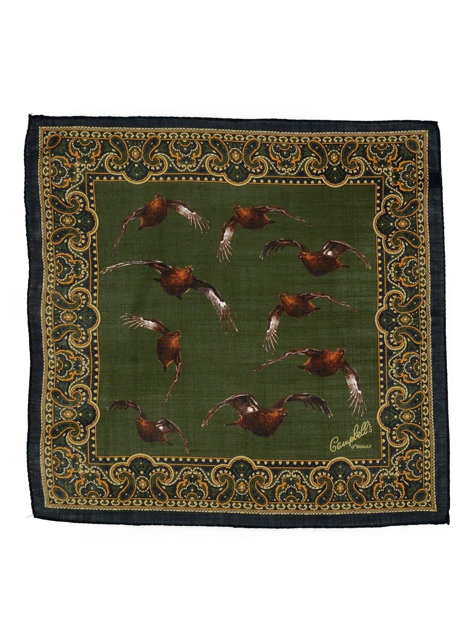 The Wool & Silk Hank by Campbell's of Beauly is a green pocket square with hand-rolled edges, a gold and black border, brown and white birds in flight at the center, and Campbells' signature in one corner.