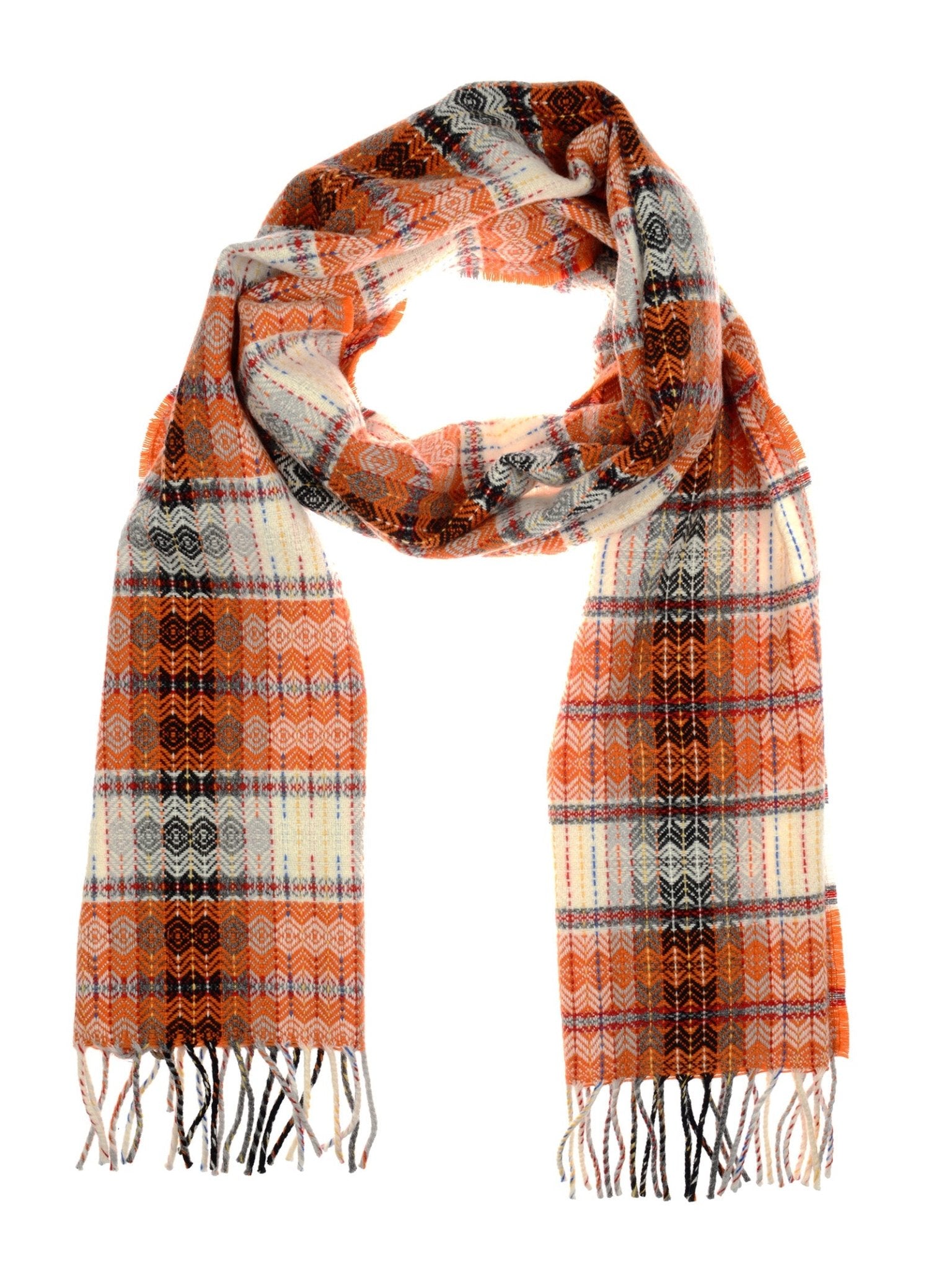 The Wyvis Lambswool Scarf by Campbell's of Beauly is crafted from soft Donegal lambswool in burnt orange, featuring a woven plaid pattern and fringed ends.