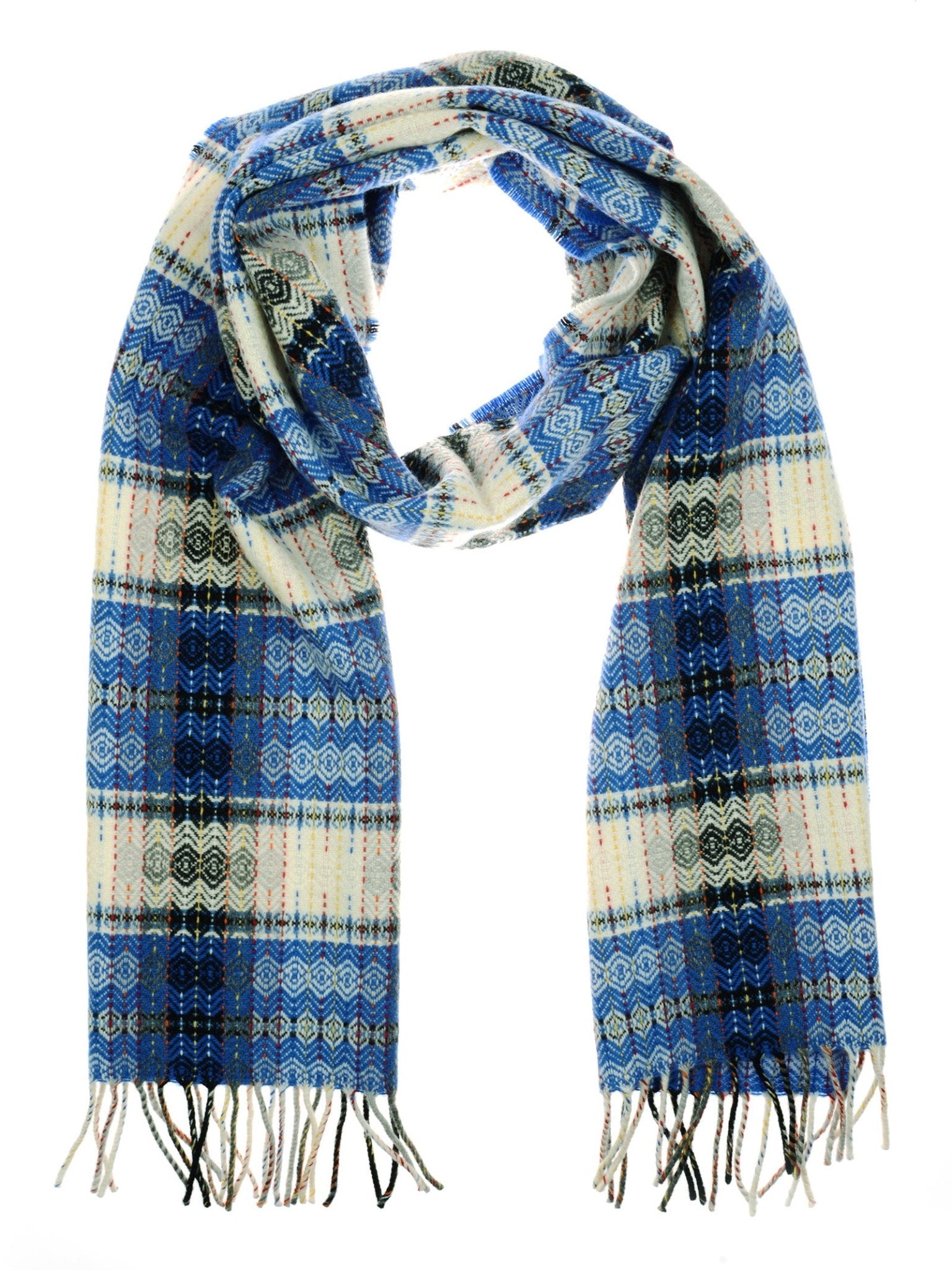 The Wyvis Lambswool Scarf by Campbell's of Beauly features indigo hues in a plaid and geometric design, finished with fringed ends—expertly woven in Ireland for timeless warmth and style.