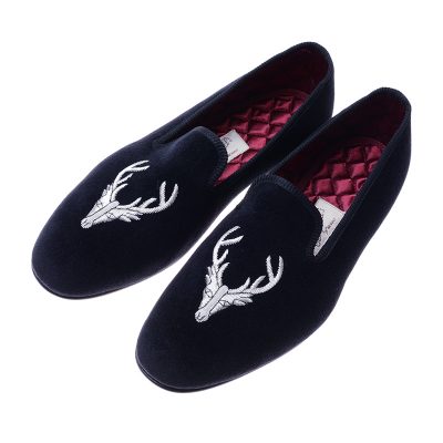 black velvet slippers with stag